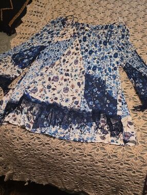 Spense Blue Floral Smocked Waist Peasant Top